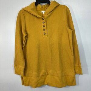J. Jill Mustard Yellow Textured Rib Knit Henley Hoodie Top Womens Small S